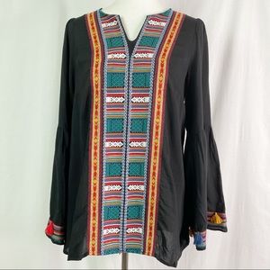 Boho Embroidered Front Flare Sleeve Black Top Sm